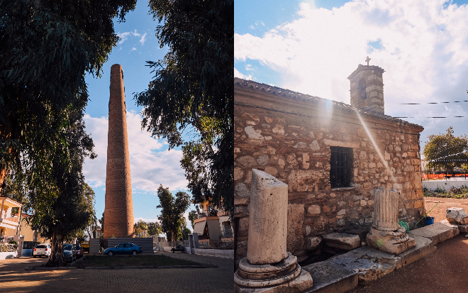 Αριστερά ένα φουγάρο, δεξιά το εκκλησάκι του Αγίου Ζαχαρία.