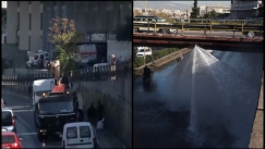 Φορτηγό με μεγαλύτερο από το προβλεπόμενο ύψος έσπασε τον αγωγό στον Κηφισό (vid)