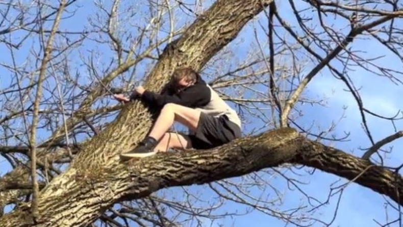 Σκαρφάλωσε σε δέντρο για να σώσει γάτα και κατέληξε να τον κατεβάσει η πυροσβεστική (vid)