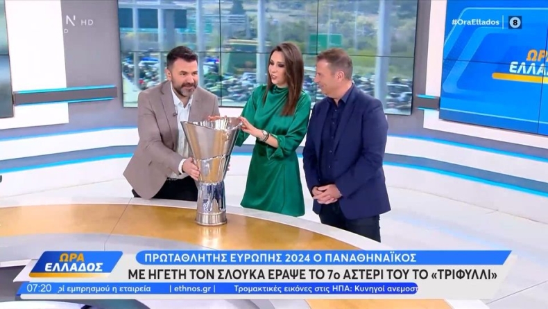 Δημοσιογράφος του OPEN ντυμένη στα πράσινα εισέβαλε στο στούντιο με την κούπα της Euroleague (vid)