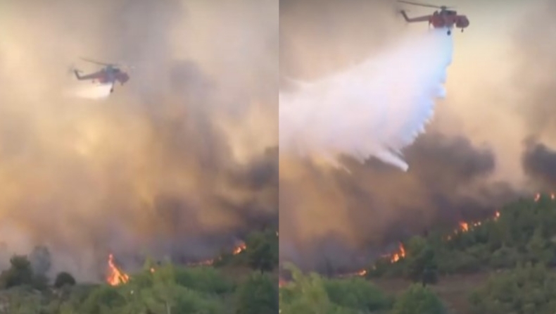 Φωτιά στη Σταμάτα, Video: Ελικόπτερο κάνει πετυχημένη ρίψη νερού στις φλόγες με χειρουργική ακρίβεια